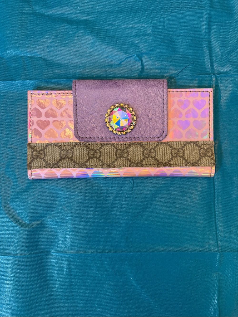 Pink Iridescent Heart Wallet with Purple Snap